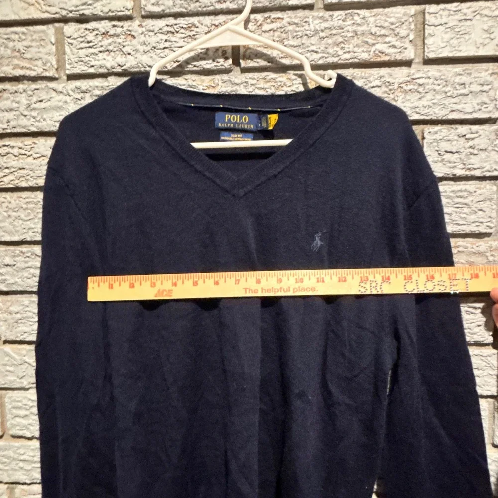 Polo Ralph Lauren Mens Navy Blue Washable Merino Wool V-Neck Sweater Slim Fit L